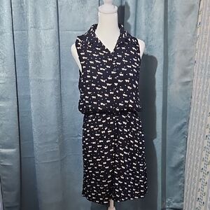 Makiyo's Navy Blue and Cream Midi Cat Print Sundress with Notched Collar